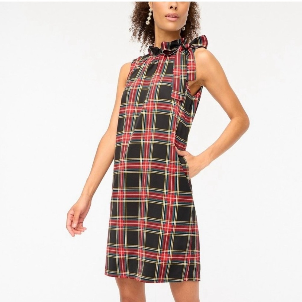 NWT J.Crew Black Tartan Plaid Bow Neck Midi Dress Size 12 - Picture 2 of 9